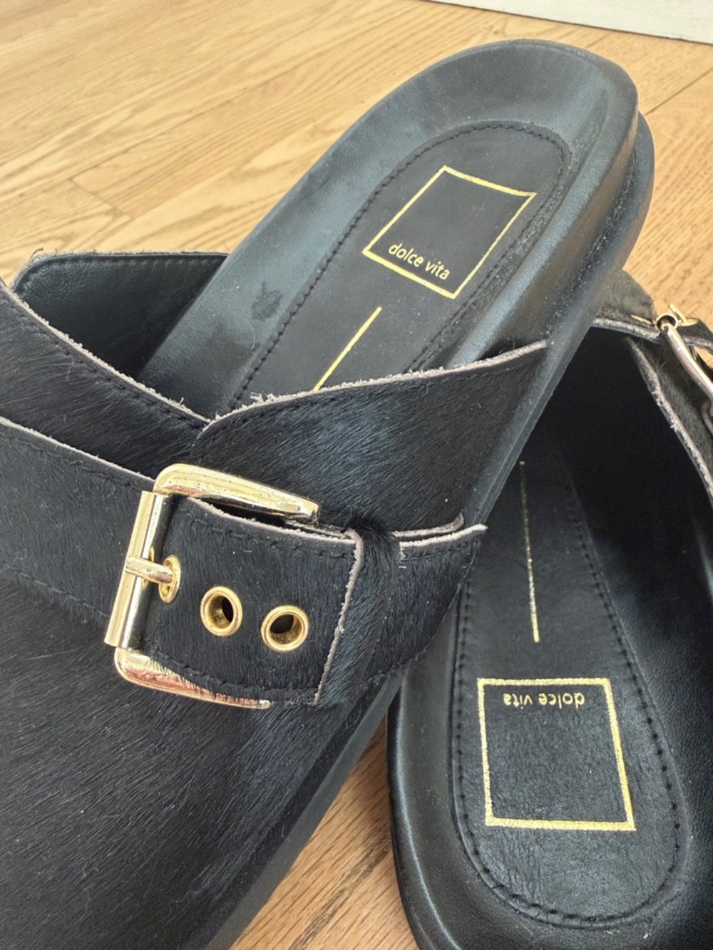 Brand new Dolce Vita Black Calfhair Slip-On Mules with Gold Buckles - Picture 8 of 9